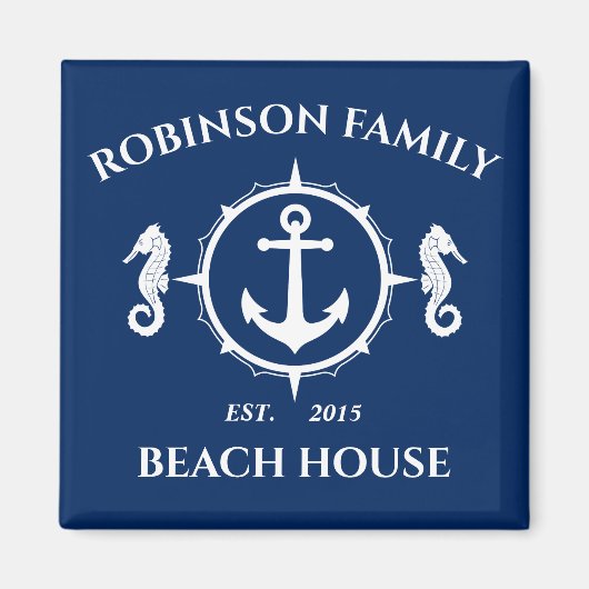 Familienaam Beach House Seahorse Anchor Navy Blue Magneet (Voorkant)