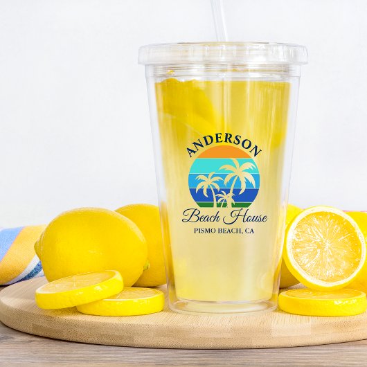 Familienaam Beach House Sun Palm Trees Acryl Drinkbeker