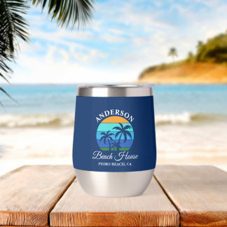 Familienaam Beach House Sun Palm Trees Blauw