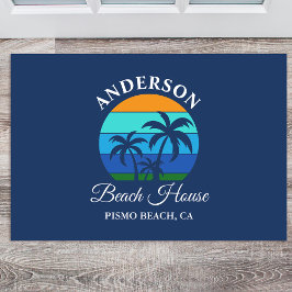 Familienaam Beach House Sun Palm Trees Blauw Deurmat