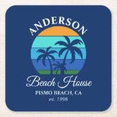 Familienaam Beach House Sun Palm Trees Blauw Kartonnen Onderzetters (Voorkant)