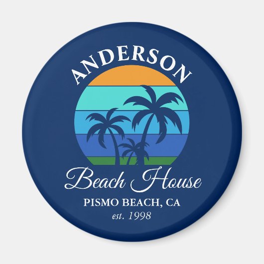 Familienaam Beach House Sun Palm Trees Blauw Magneet (Voorkant)