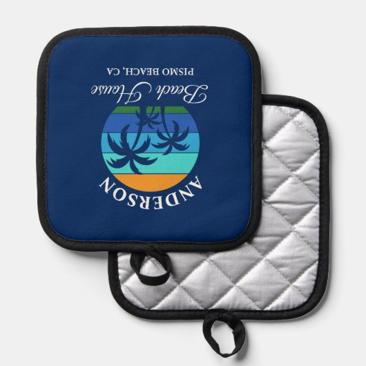 Familienaam Beach House Sun Palm Trees Blauw Pannenlap (Voorkant / Achterkant)