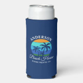 Familienaam Beach House Sun Palm Trees Blauw Seltzer Blikjeskoeler (Seltzer Voorkant)
