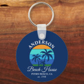 Familienaam Beach House Sun Palm Trees Blauw Sleutelhanger (Voorkant)