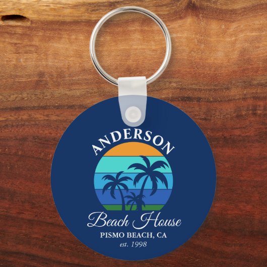 Familienaam Beach House Sun Palm Trees Blauw Sleutelhanger (Voorkant)