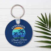 Familienaam Beach House Sun Palm Trees Blauw Sleutelhanger