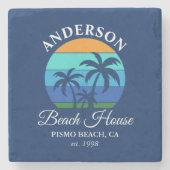 Familienaam Beach House Sun Palm Trees Blauw Stenen Onderzetter (Voorkant)
