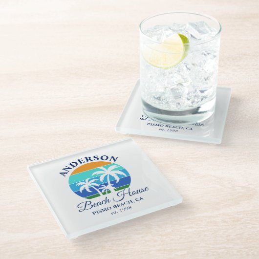 Familienaam Beach House Sun Palm Trees Glazen Onderzetter (Schuin)