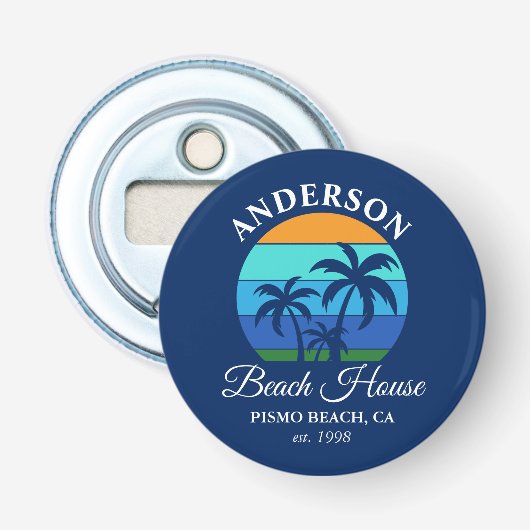 Familienaam Beach House Sun Palm Trees Premium Button Flesopener (Voorkant)