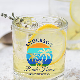 Familienaam Beach House Sun Palm Trees Whisky Glas