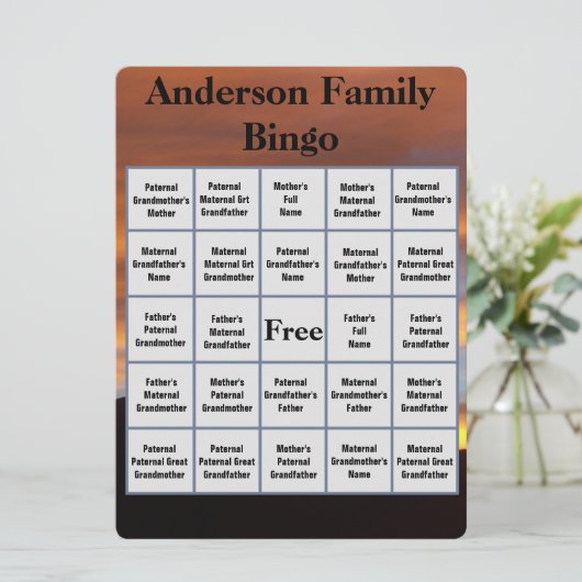 Familienaam Bingo en Reunion Sunset Photo (Staand voorkant)