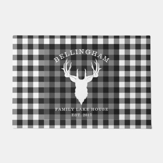 Familienaam Black White Lake House Gingham Plays Deurmat (Voorkant)