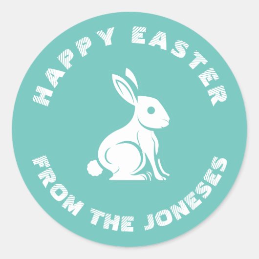 Familienaam Blauwgroen White Happy Paaster Bunny R Ronde Sticker (Voorkant)