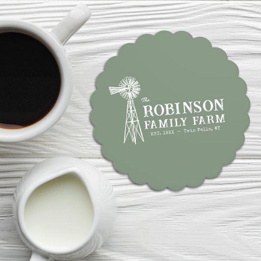 Familienaam Boerderij Rustic Windmill Sage Green Kartonnen Onderzetters