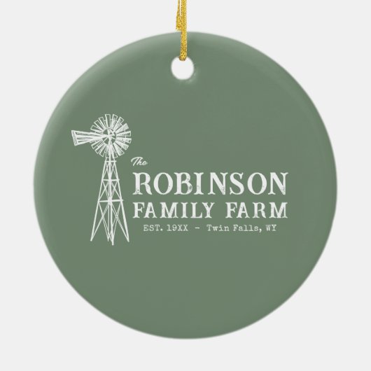 Familienaam Boerderij Rustic Windmill Sage Green Keramisch Ornament (Achterkant)