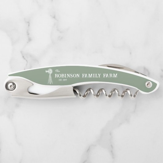 Familienaam Boerderij Rustic Windmill Sage Green Kurkentrekker (Voorkant)