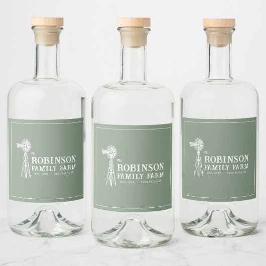 Familienaam Boerderij Rustic Windmill Sage Green Likeurfles Etiket (Flessen)