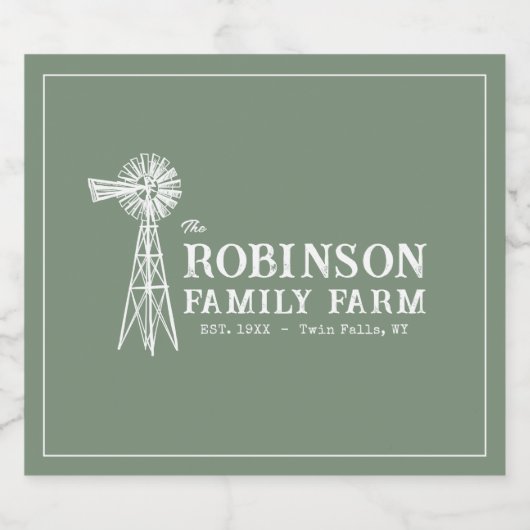 Familienaam Boerderij Rustic Windmill Sage Green Likeurfles Etiket (Enkel label)