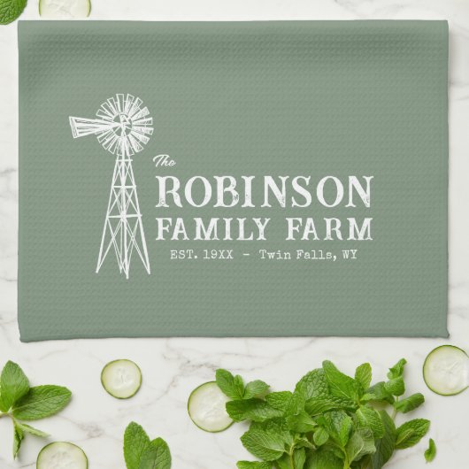 Familienaam Boerderij Rustic Windmill Sage Green Theedoek (Gevouwen)