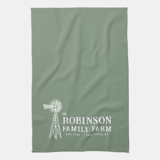 Familienaam Boerderij Rustic Windmill Sage Green Theedoek (Verticaal)