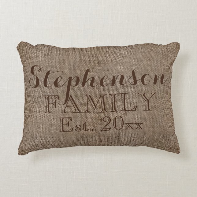 Familienaam Burlap Rustic Accent Kussen (Voorkant)