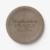Familienaam Burlap Rustic Papieren Bordje (Voorkant)