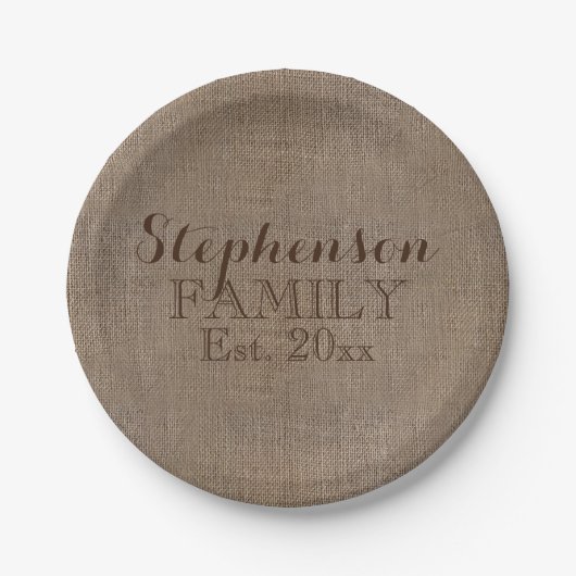 Familienaam Burlap Rustic Papieren Bordje (Voorkant)