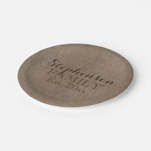 Familienaam Burlap Rustic Papieren Bordje (Gekanteld)