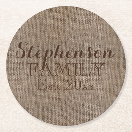 Familienaam Burlap Rustic Ronde Kartonnen Onderzetter (Voorkant)