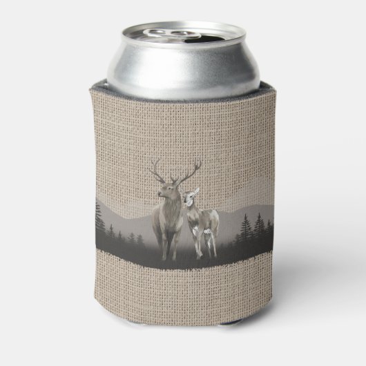 Familienaam Cabin Deer Pine Tree Forest Burlap Blikjeskoeler (Blikje Achterkant)