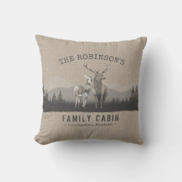 Familienaam Cabin Deer Pine Tree Forest Burlap Buitenkussen