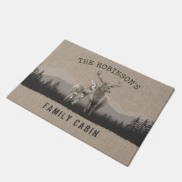Familienaam Cabin Deer Pine Tree Forest Burlap Deurmat