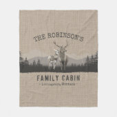 Familienaam Cabin Deer Pine Tree Forest Burlap Fleece Deken (Voorkant)