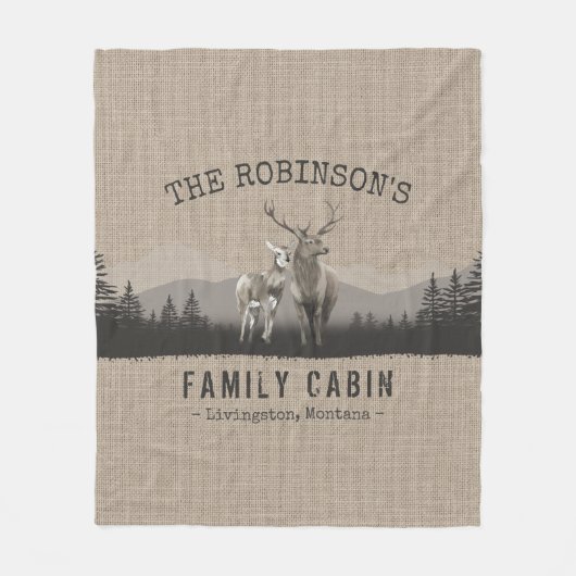 Familienaam Cabin Deer Pine Tree Forest Burlap Fleece Deken (Voorkant)