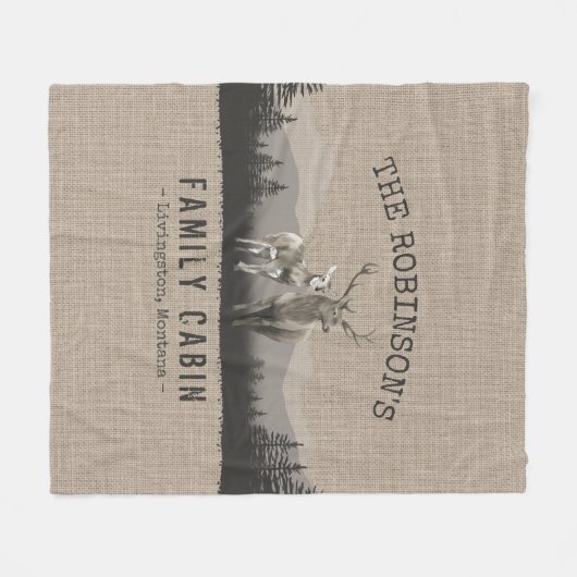 Familienaam Cabin Deer Pine Tree Forest Burlap Fleece Deken (Voorkant (Horizontaal))