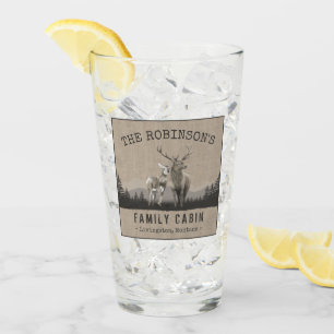 Familienaam Cabin Deer Pine Tree Forest Burlap Glas