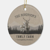 Familienaam Cabin Deer Pine Tree Forest Burlap Keramisch Ornament (Links)