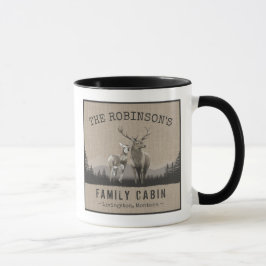 Familienaam Cabin Deer Pine Tree Forest Burlap Mok