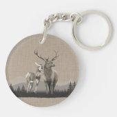 Familienaam Cabin Deer Pine Tree Forest Burlap Sleutelhanger (Achterkant)