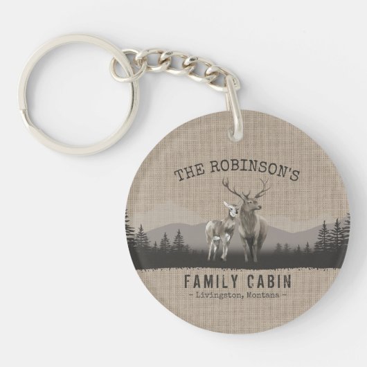Familienaam Cabin Deer Pine Tree Forest Burlap Sleutelhanger (Voorkant)