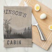 Familienaam Cabin Deer Pine Tree Forest Burlap Theedoek (Quarter Fold)
