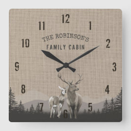 Familienaam Cabin Deer Pine Tree Forest Burlap Vierkante Klok