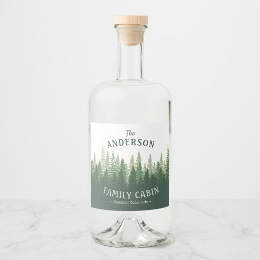 Familienaam Cabin Green Pine Tree Forest Labels Likeurfles Etiket (Voorkant)