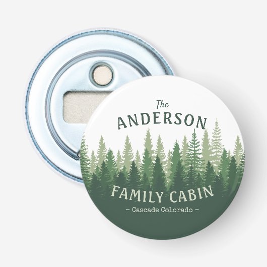 Familienaam Cabin Locatie Pijn Bosbos Button Flesopener (Voorkant)