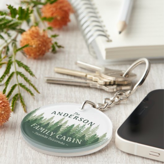 Familienaam Cabin Pine Tree Forest 2 Sided Sleutelhanger (Voorkant Rechts)