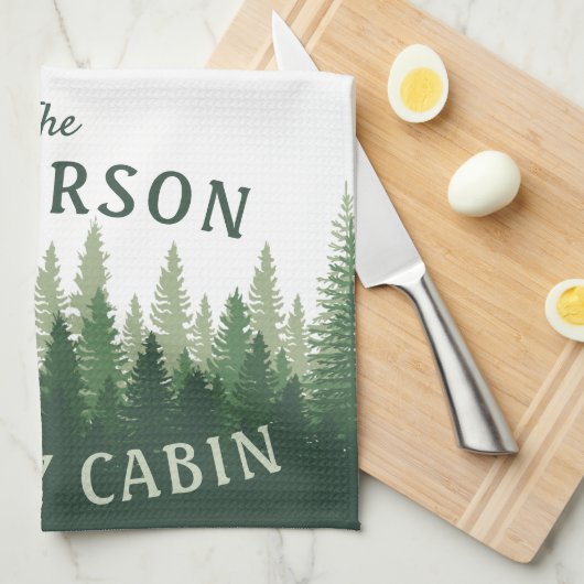 Familienaam Cabin Pine Tree Forest Theedoek (Quarter Fold)