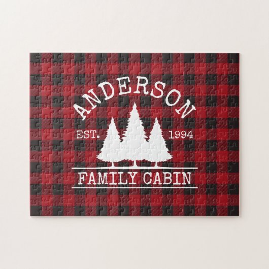 Familienaam Cabin Red Buffalo Play Pine Trees Legpuzzel (Horizontaal)