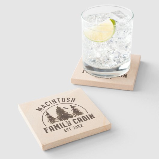 Familienaam Cabin Rustic Trees Stenen Onderzetter (Zijkant)