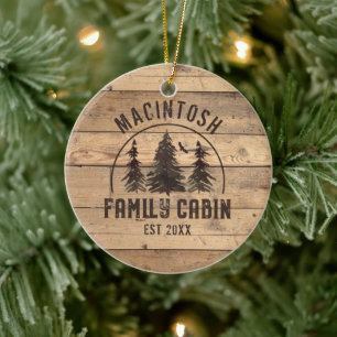 Familienaam Cabin Rustic Wood Forest Personalized Keramisch Ornament